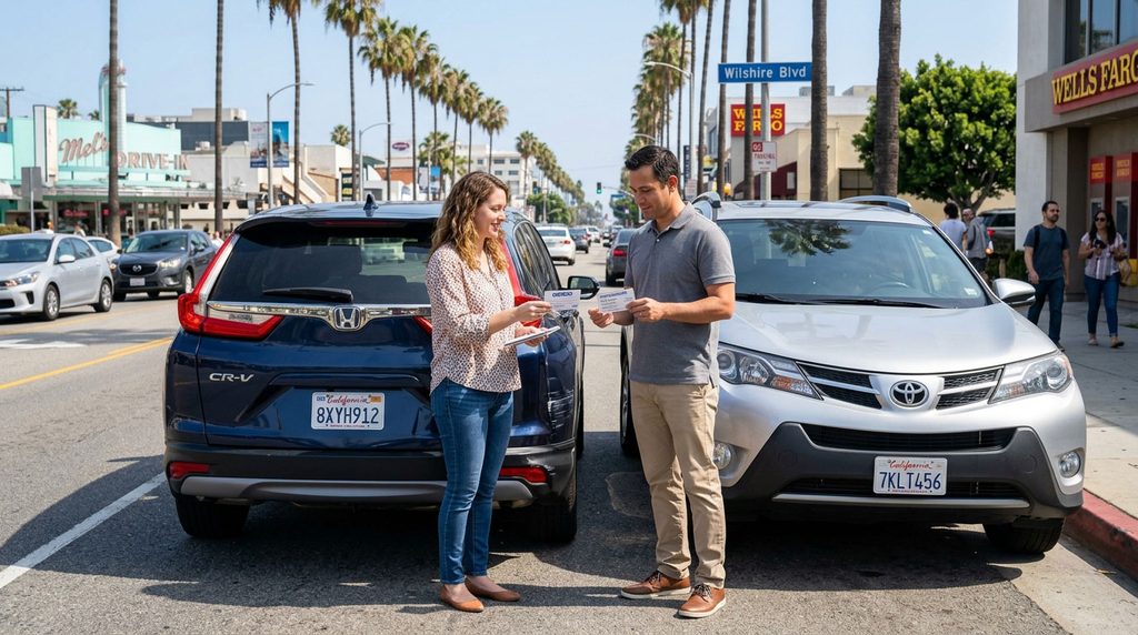 California drivers exchanging auto insurance information after a collision