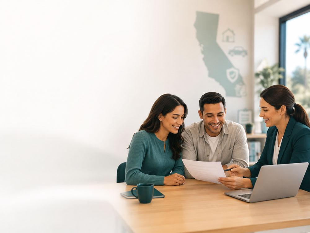 A female insurance agent reviewing policy documents with a smiling couple at a desk, with a California map decal on the wall in the background.