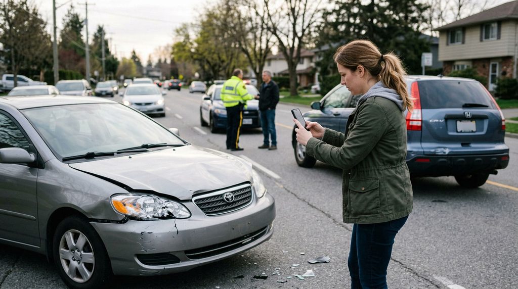 California driver documenting vehicle damage for an insurance claim
