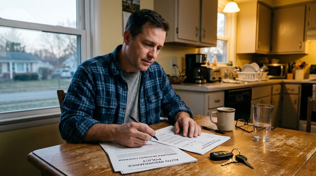 Driver reviewing uninsured motorist coverage documents at a kitchen table with car keys nearby.