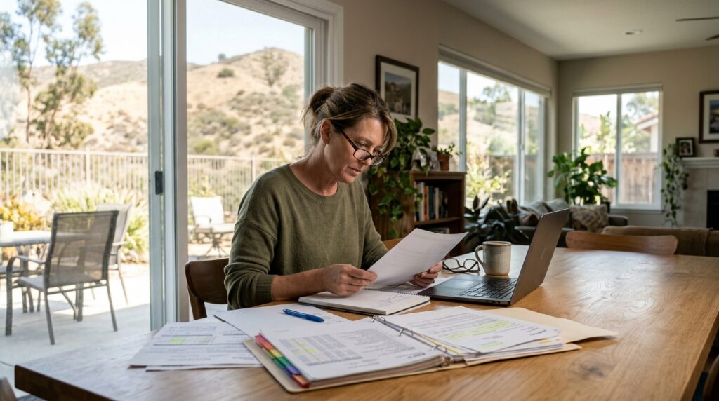 California homeowner reviewing wildfire insurance coverage ahead of SB 876 changes in 2027