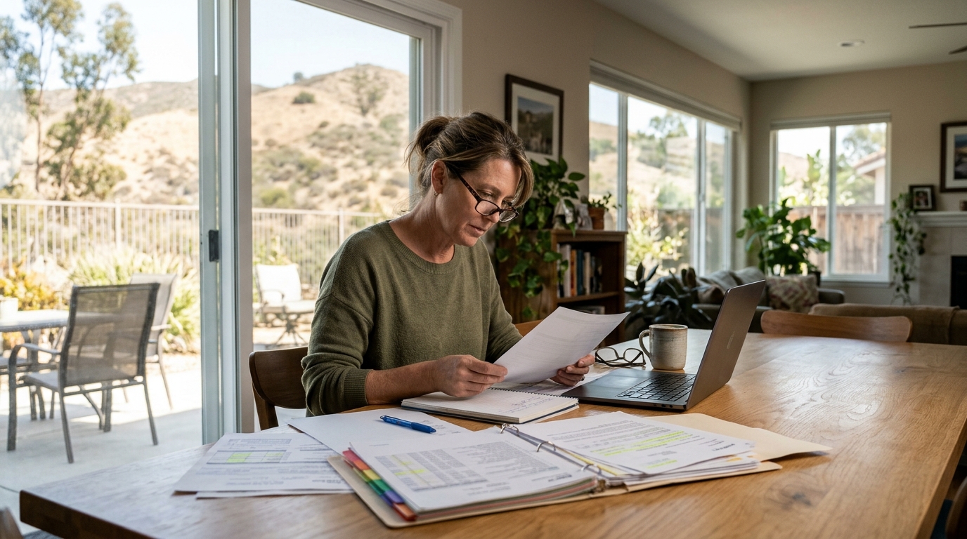 California homeowner reviewing wildfire insurance coverage ahead of SB 876 changes in 2027