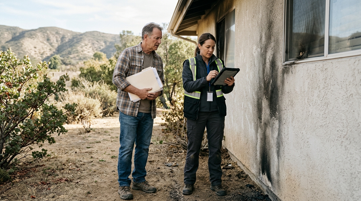Insurance adjuster discussing a California wildfire property claim with a homeowner